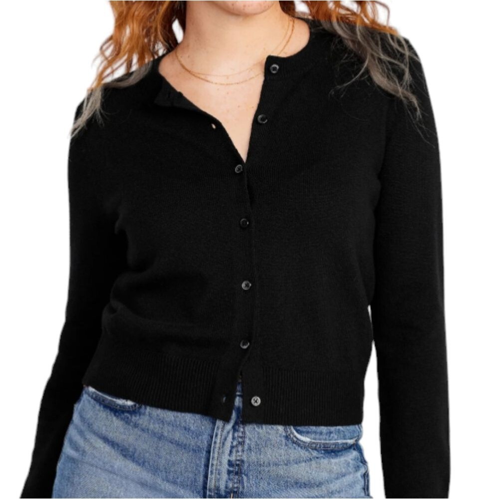 Women's Classic Black Round Neck Button Down Knit Cardigan Sweater Sz S/M